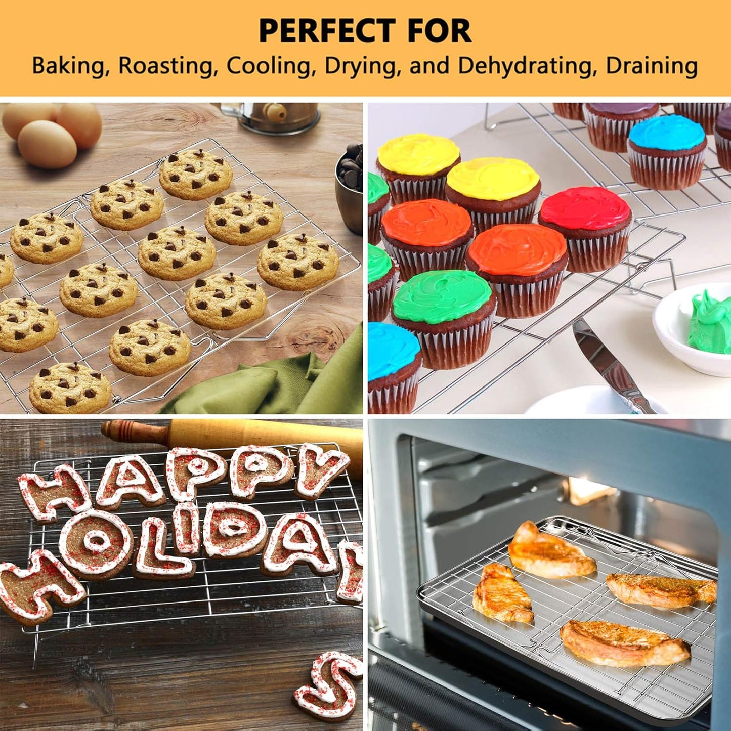 P&P CHEF 4-Tier Cooling Rack Set, Stainless Steel Stackable Baking Cooking Racks for Cooling Roasting Cooking, Raised & Folding Feet, Oven Safe & Easy Clean, 15" x 10", Silver