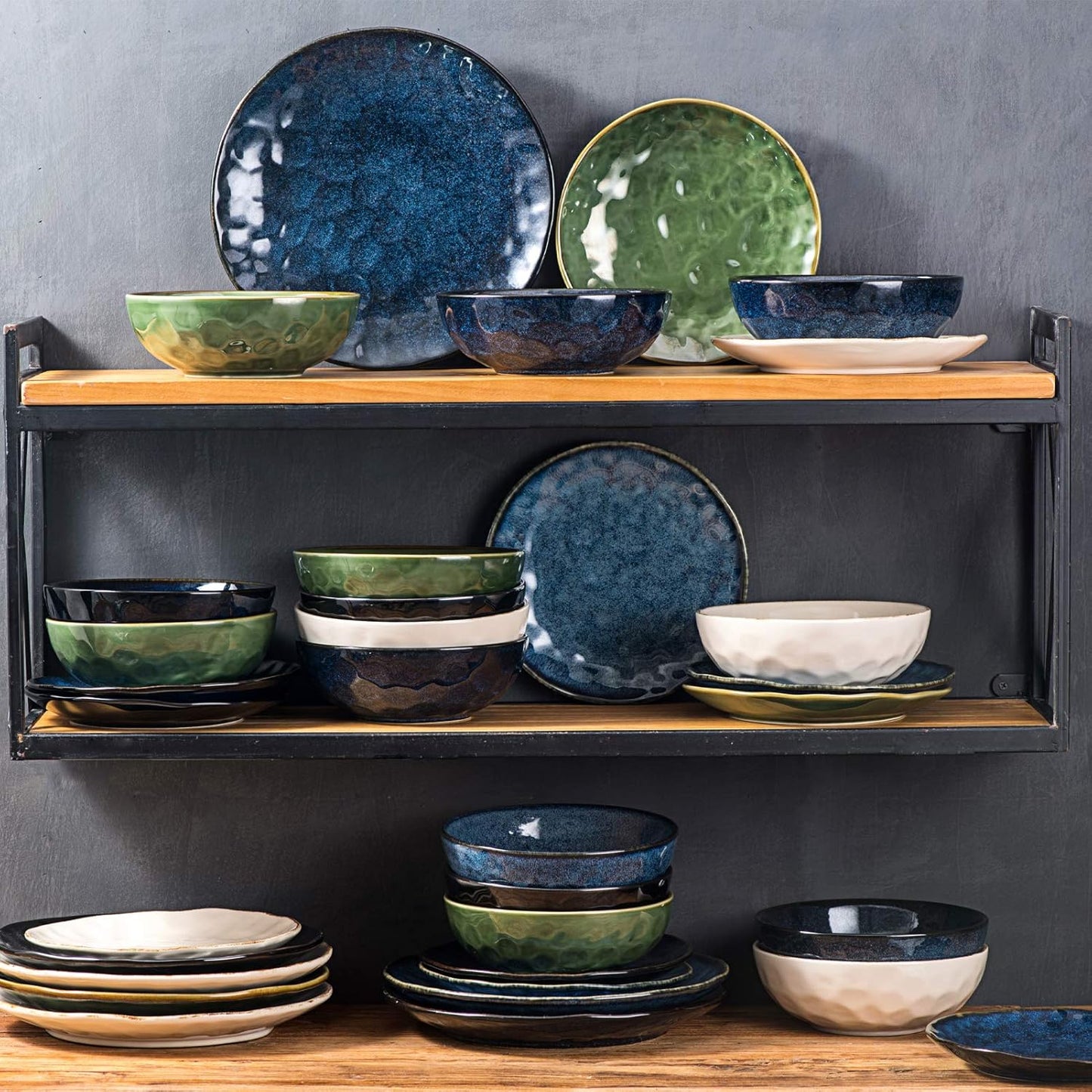 vicrays Ceramic Pasta Bowls Set, 32 Ounce Soup Bowls, Large Salad Bowls, Chip Resistant, Dishwasher Microwave Safe, Fluted stoneware Bowls for Kitchen, Serving Bowls, Set of 6 (Green)