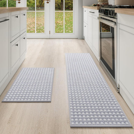 Kitchen Mat Kitchen Rugs Sets of 2 PCS Non Slip Washable, Super Absorbent Soft Braided Kitchen Mats for Floor, Rubber Backing Comfort Standing Kitchen Sink Mat Runner Rug, Gray 17"x28"+17"x59"