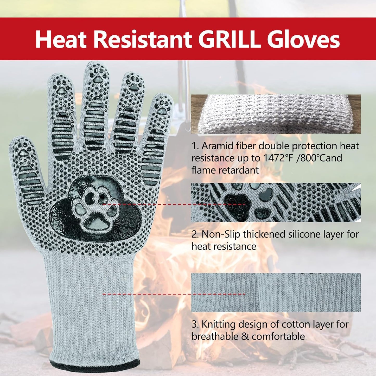 UBeesize Lengthen BBQ Gloves (Bear Paw), 1472°F Heat Resistant Grill Glove, 14 inch Fireproof Oven Gloves for Cooking, Non-Slip Fire Glove for Grilling, Barbecue, Smoker, Baking, Frying