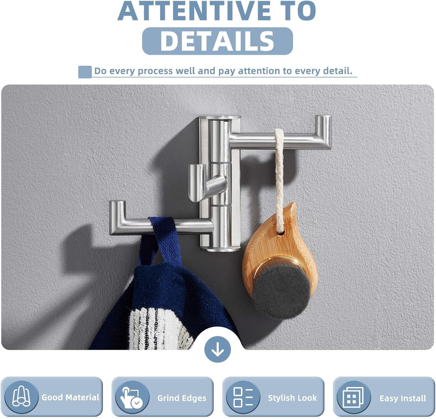 Suyar Bathroom Towel Hook 3 Arms, SUS 304 Stainless Steel Swivel Coat Robe Holder, Towel Hanger Wall Mounted, Brushed Nickel