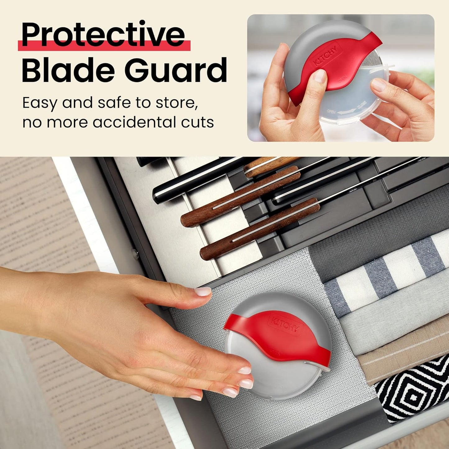 Kitchy Pizza Cutter Wheel with Protective Blade Cover, Ergonomic Pizza Slicer (Red)