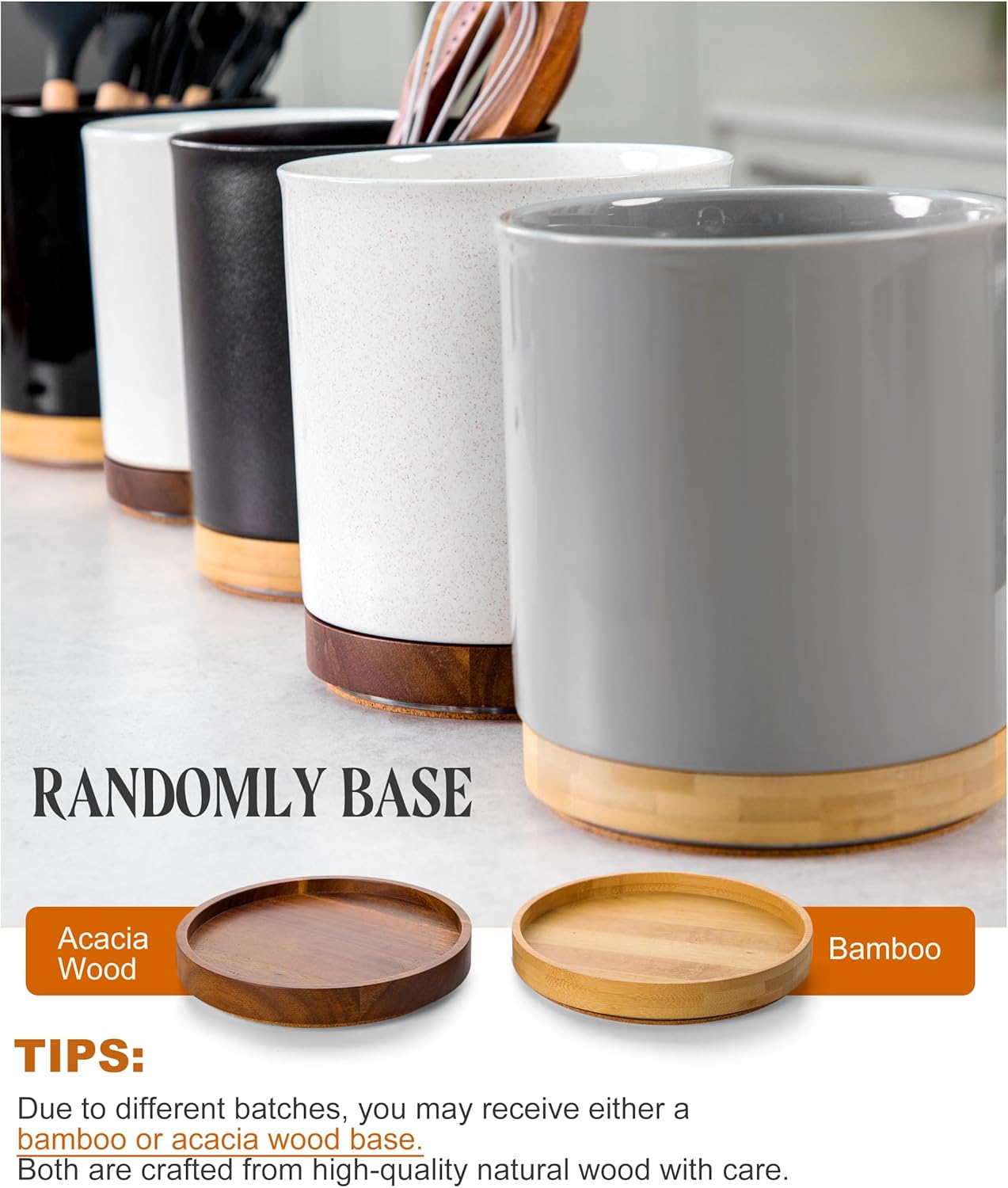 Nucookery 360° Rotating Utensil Holder, 7.2" Large Utensil Crock, White Ceramic Cooking Utensil Organizer with Countertop-Protection Cork Bottom for Farmhouse Kitchen Decor Gift (Gray)