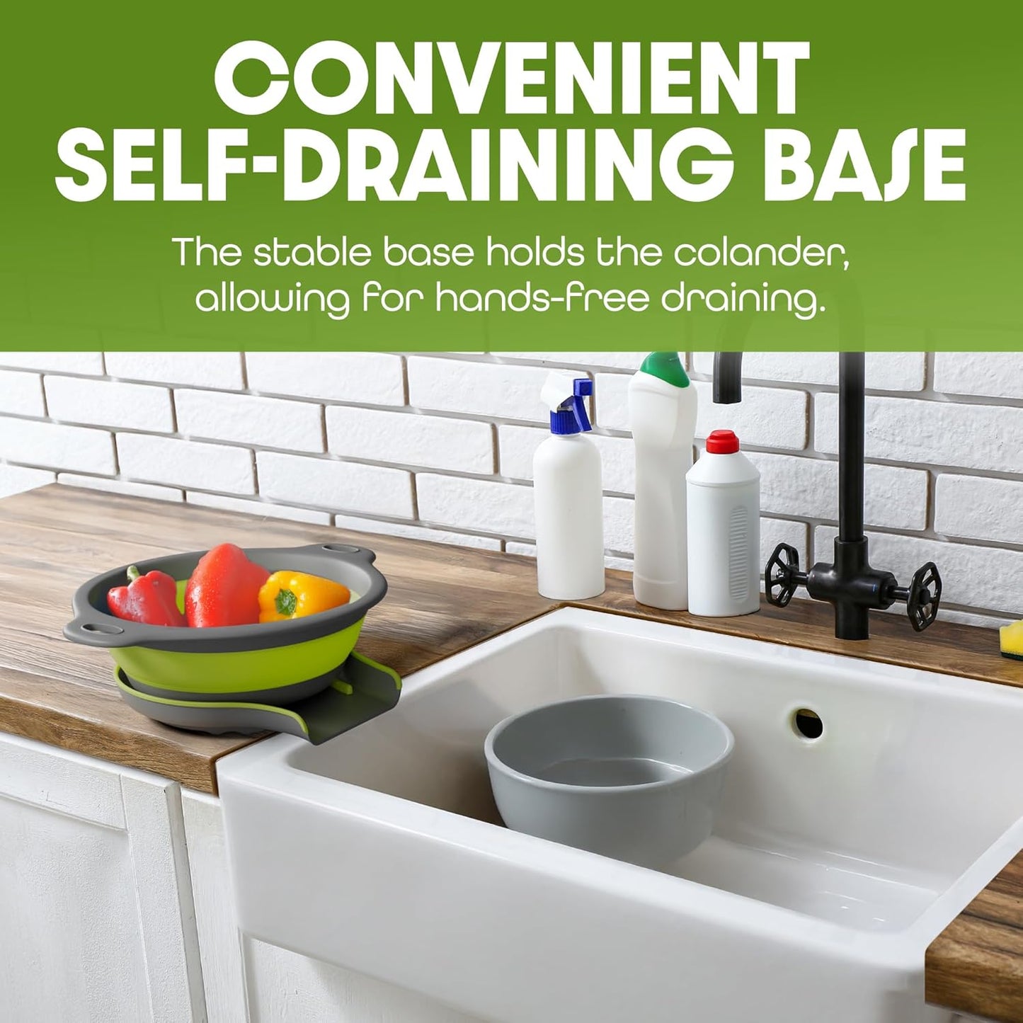 Large Collapsible Colander with Self Draining Base - 5Qt Side Drain Food Strainer for Edge of Kitchen Sink, Green (2 Piece Set)