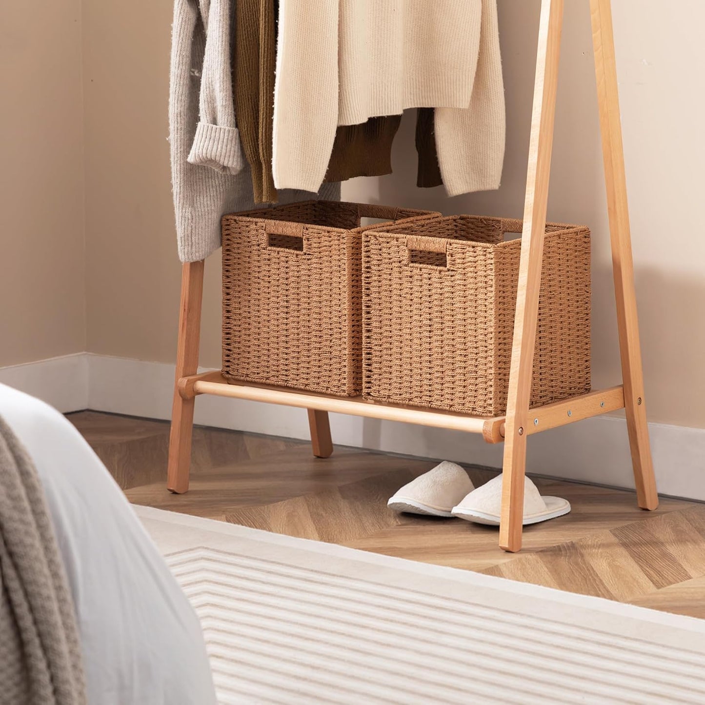 UBBCARE 4 Pack Wicker Basket, 11L×11H×10.5W inch Woven Paper Rope Storage Baskets for shelves, Foldable Cube Storage bin with Handle, Storage Basket for Organizing & Decor, Caramel