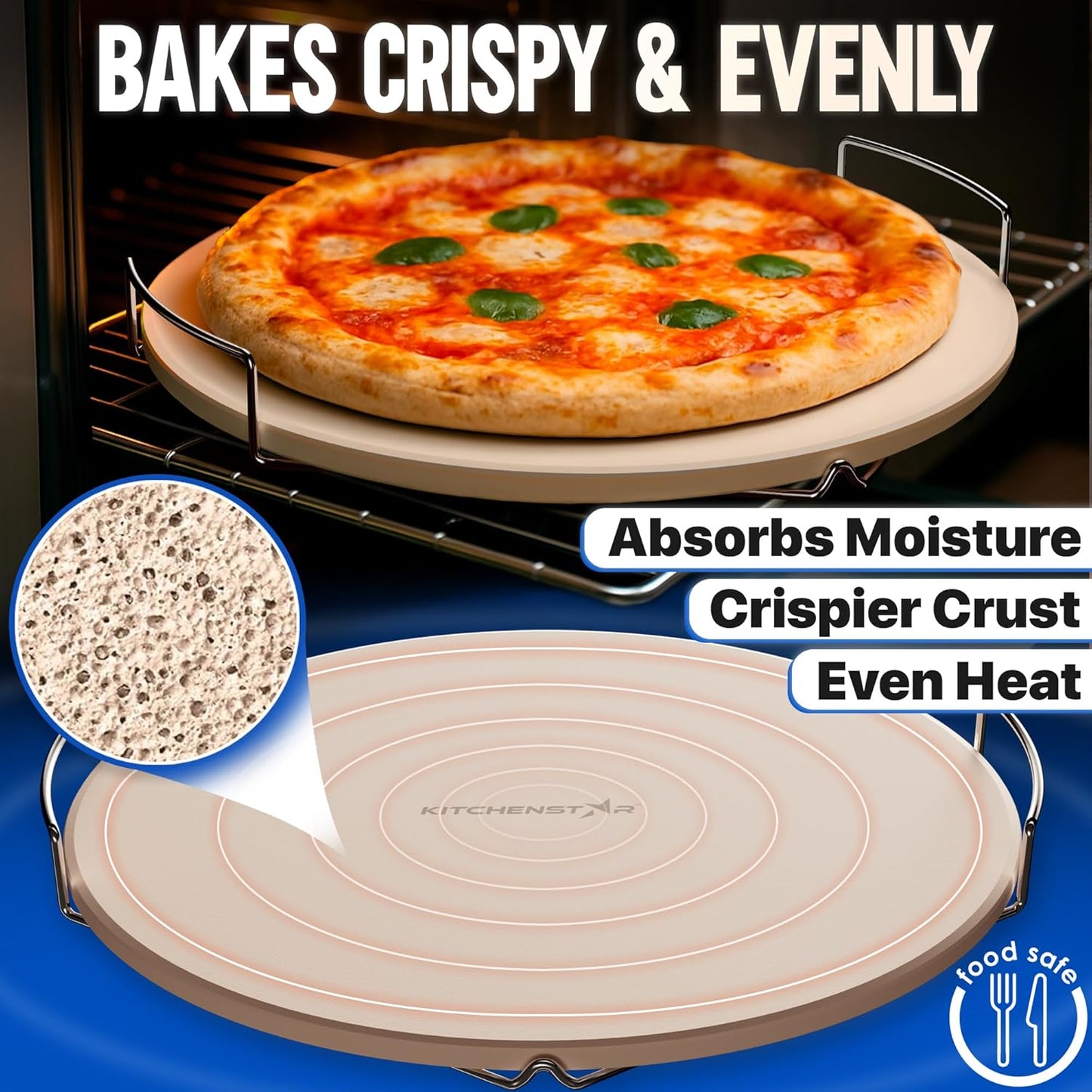 KitchenStar 16-inch Pizza Stone for Oven and BBQ Grill with Handles, Round, 5/8" Thick - Natural Cordierite, 1800 °F Resistant, Baking Stone Set with Stainless Steel Rack & Plastic Scraper Tool