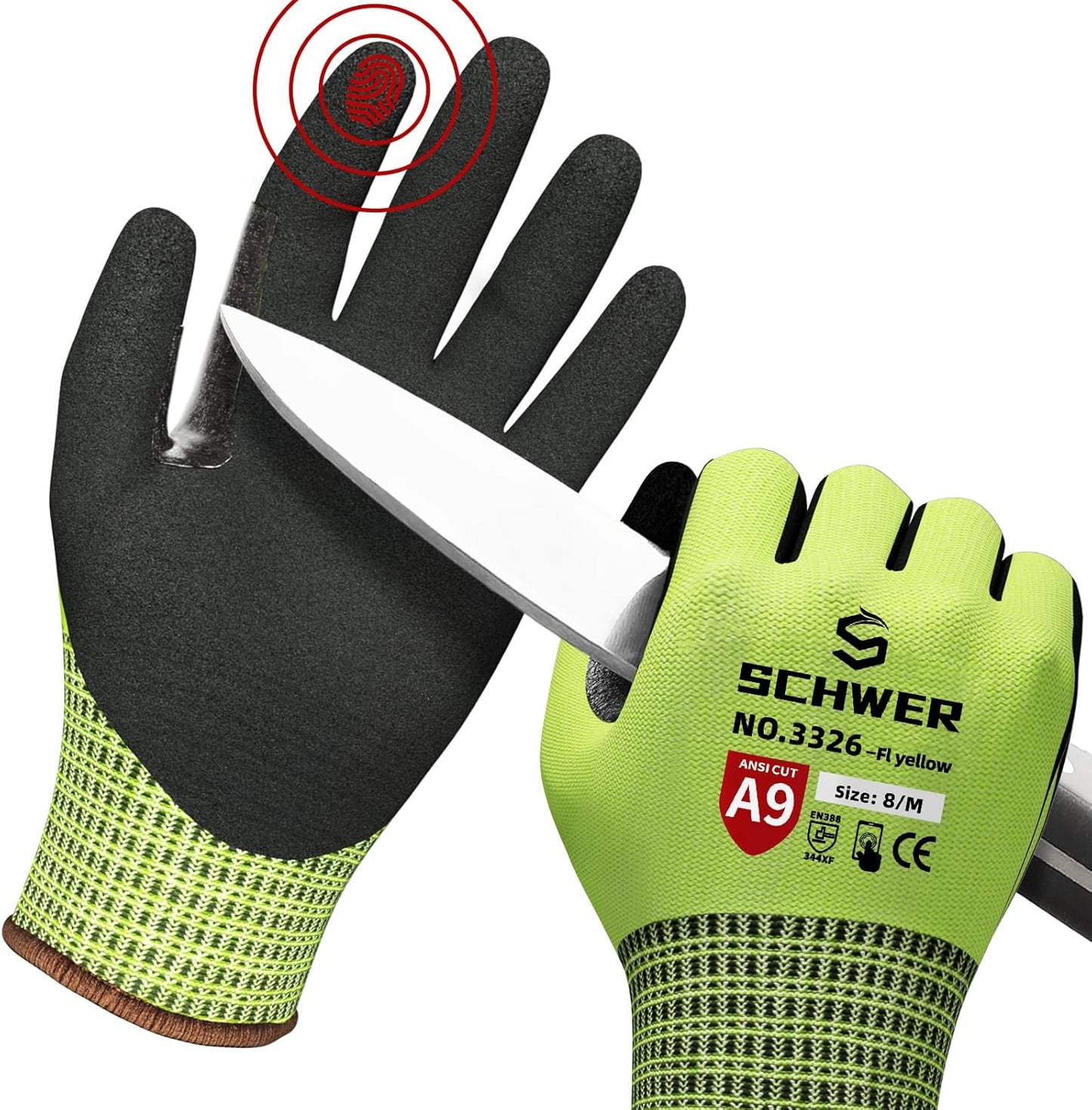 Schwer ProGuard Highest Level Cut Resistant Work Gloves PR3326 for Extreme Protection，ANSI A9 Cut Gloves with Reinforced Thumb, Non Slip, Non PFAS, Durable, Touch-screen, Yellow 2 Pairs（M）