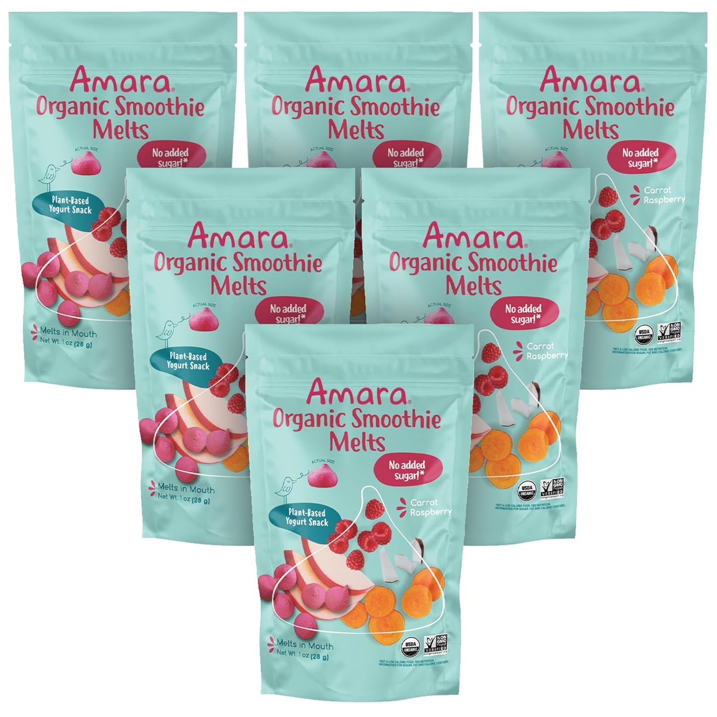 Amara Smoothie Melts - Carrot Raspberry - Baby Snacks Made With Fruits and Vegetables - Healthy Toddler Snacks For Your Kids Lunch Box - Organic Plant Based Yogurt Melts - 6 Resealable Bags