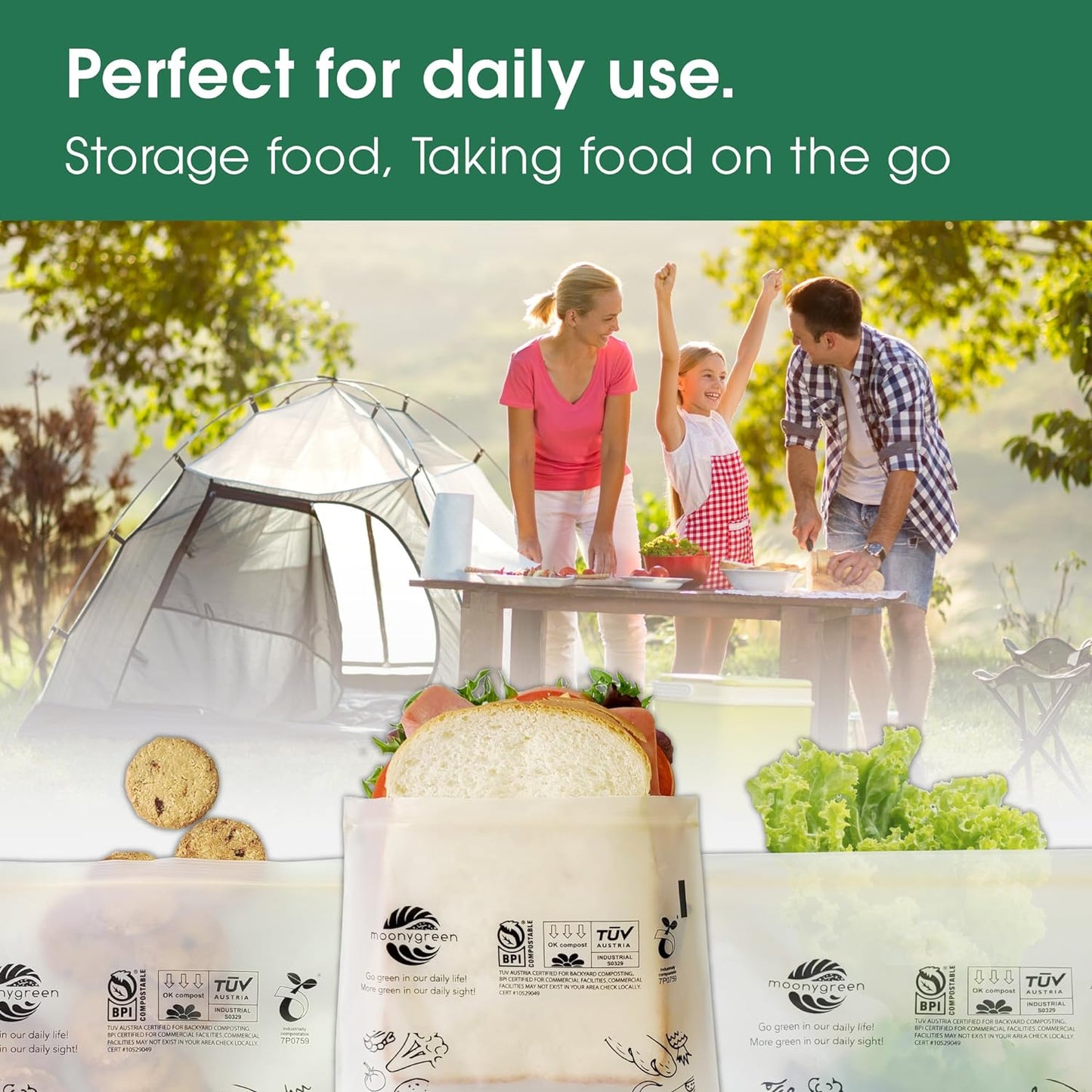 Compostable Food Storage Bags, Resealable Snack Bags, 50 Count, 6.5 x 3.7 inches, Extra Thick, Certified US BPI ASTM D6400 Europe OK Compost