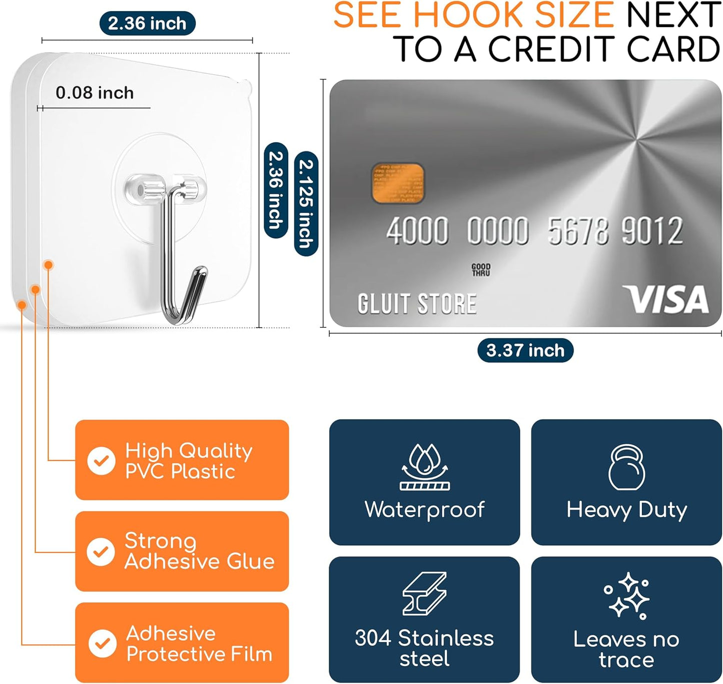 GLUIT Adhesive Wall Hooks for Hanging Heavy Duty 22 lbs Hooks for Walls No Damage, Towel Sticky Clear Hook, Waterproof, Home, Bathroom, Kitchen, Office, and Outdoor 12 Pack