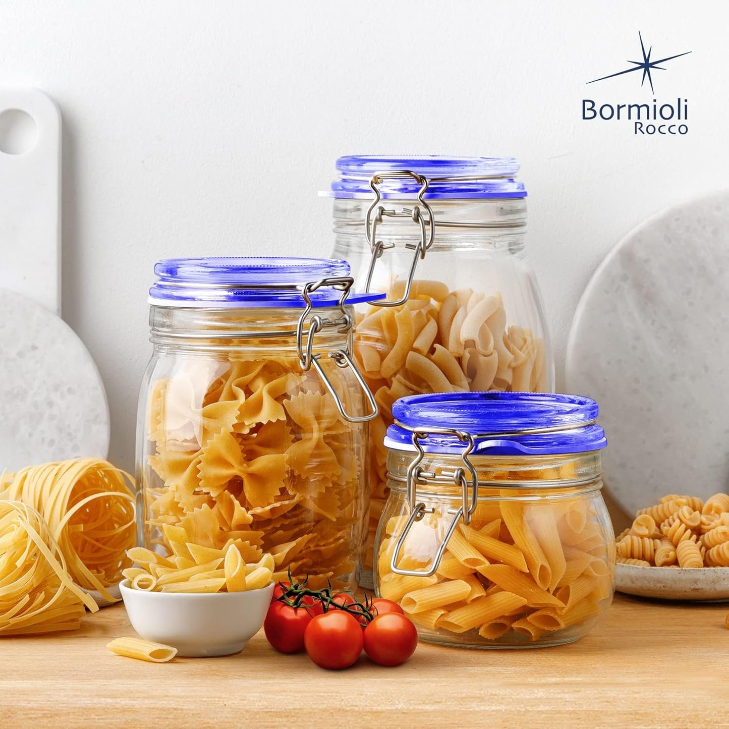 Bormioli Rocco Fido Glass Jars, Blue Lids – Serving & Entertaining Containers, Assorted Sizes - Airtight Clamp Canisters for Appetizers, Desserts, Snacks – Italian Glass, Dishwasher Safe (Set of 3)