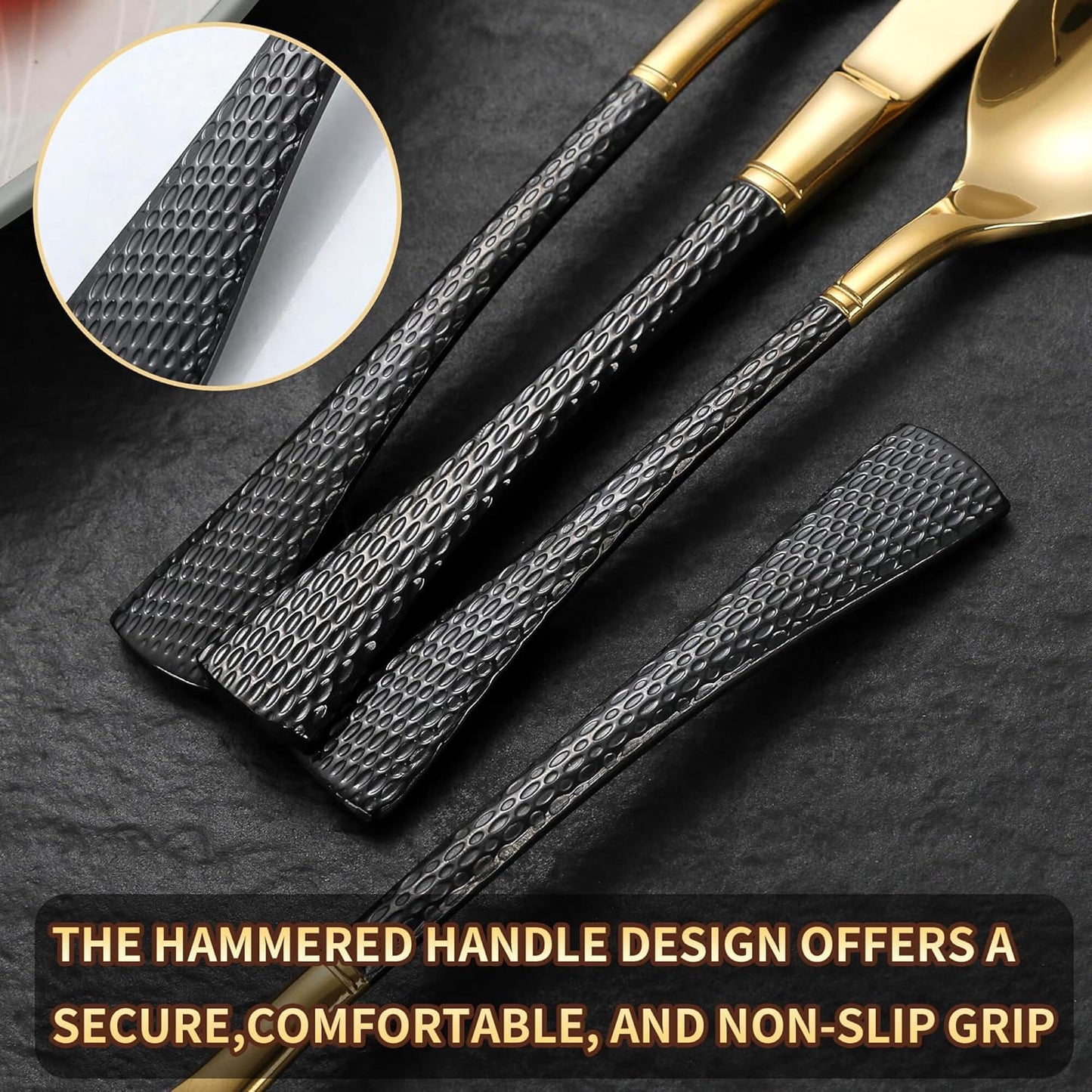 Hammered Black Gold Silverware Set,20 Piece Modern Flatware Set Service for 4,Mirror Polished Stainless Steel Cutlery Set Utensil Set Tableware Set,Kitchen Knives Fork Spoon Set,Dishwasher Safe