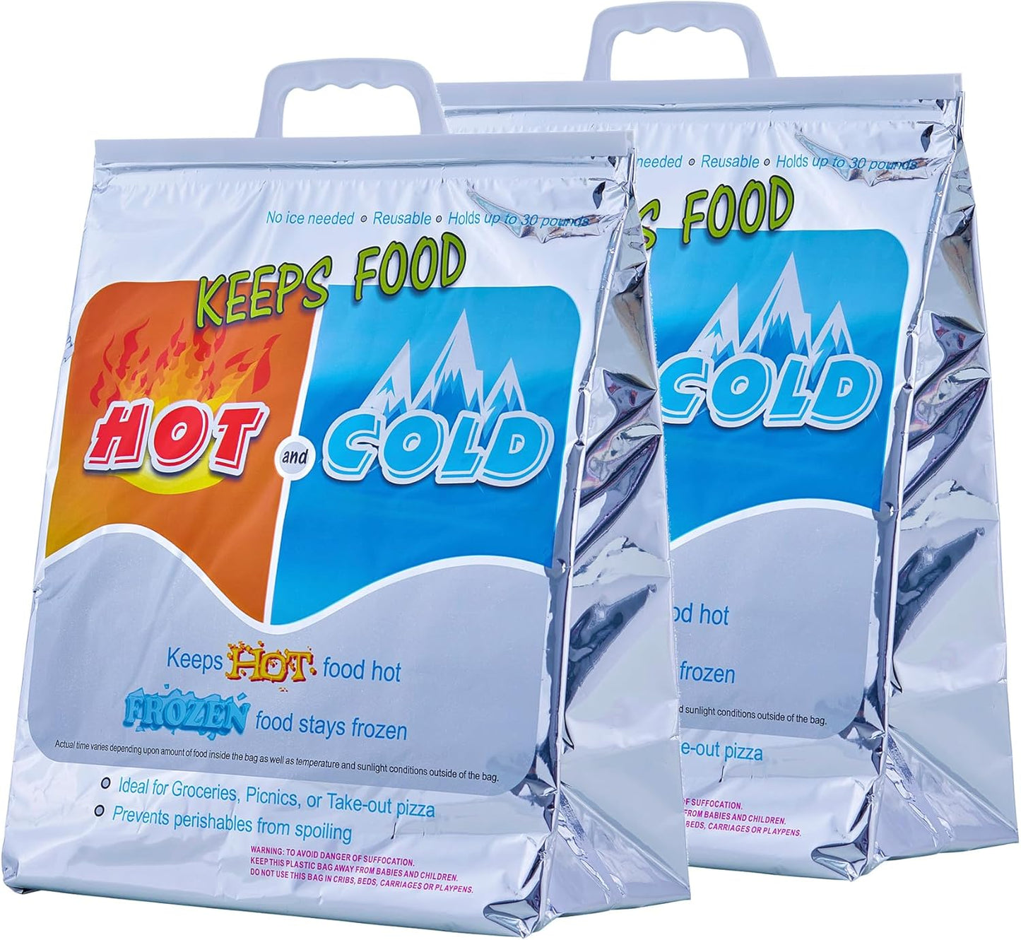 Superio Hot and Cold Insulated Bags for Food Delivery, Grocery Shopping Bags, Food Storage for Hot and Frozen Food for Travel, Disposable Cooler Bag, Reinforced Thermal Lunch Bag (2, 13"x7"x15.5")
