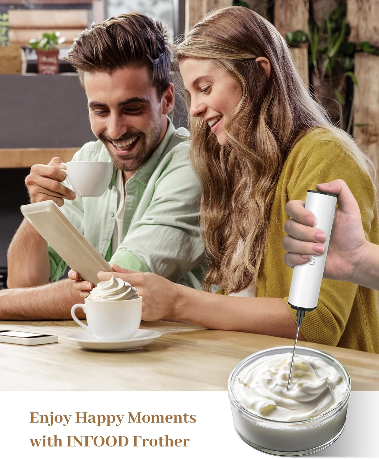 Milk Frother Rechargeable with Cover - Coffee Frother Wand, Drink Mixer Handheld with 2 Detachable Stainless Whisks 2 Speed Adjustable for Latte, Cappuccino, Hot Chocolate, Egg, White