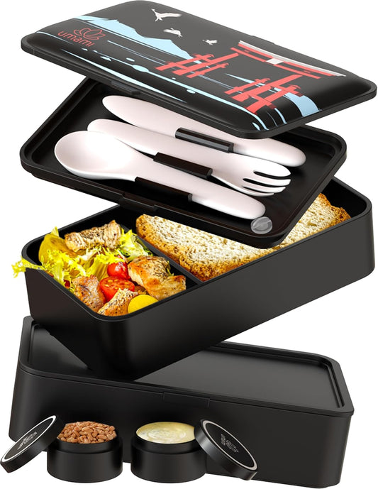 Umami Bento Box Adult All-In-1 w/4 Utensils, 2Sauce Jars, 2 Dividers, 100% Leakproof, Microwave & Dishwasher Safe, Stackable Bento Lunch Box Containers for Men/Women, Matte Black - Miyajima, 40 oz
