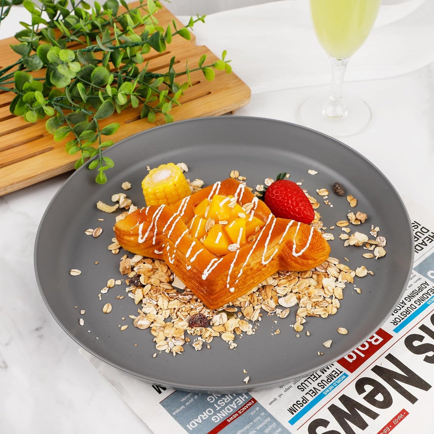 18pcs Dark Grey Wheat Straw Plate Set - Unbreakable Deep Dinner and Lightweight Salad Plates for Camping, Kitchen, Picnics