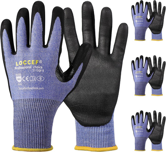 LOCCEF 3 Pairs Safety Work Gloves,Touchscreen Compatible, Superior Dexterity,Level 5/A4 Cut Resistant Work Gloves
