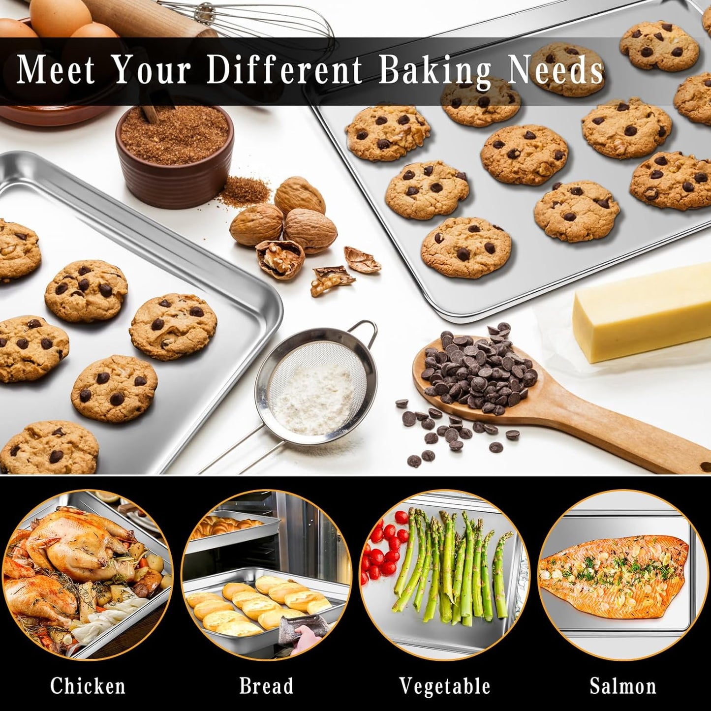 Stainless Steel Baking Sheet Set, 2 Pcs Cookie Sheet Pan Baking Trays for Oven, Non Stick and Heavy Duty and Easy Clean, 15.9 x 12 x 1 Inch