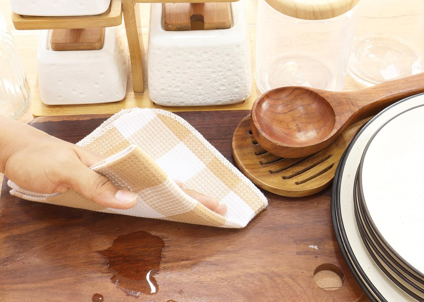 Waffle Weave Plaid Dish Cloths, 100% Cotton - 12 x 12 Inches, Ultra Soft Absorbent Quick Drying Dish Towels Buffalo Check Dish Rags for Kitchen, 6 Pack - Spring Summer - Beige and White