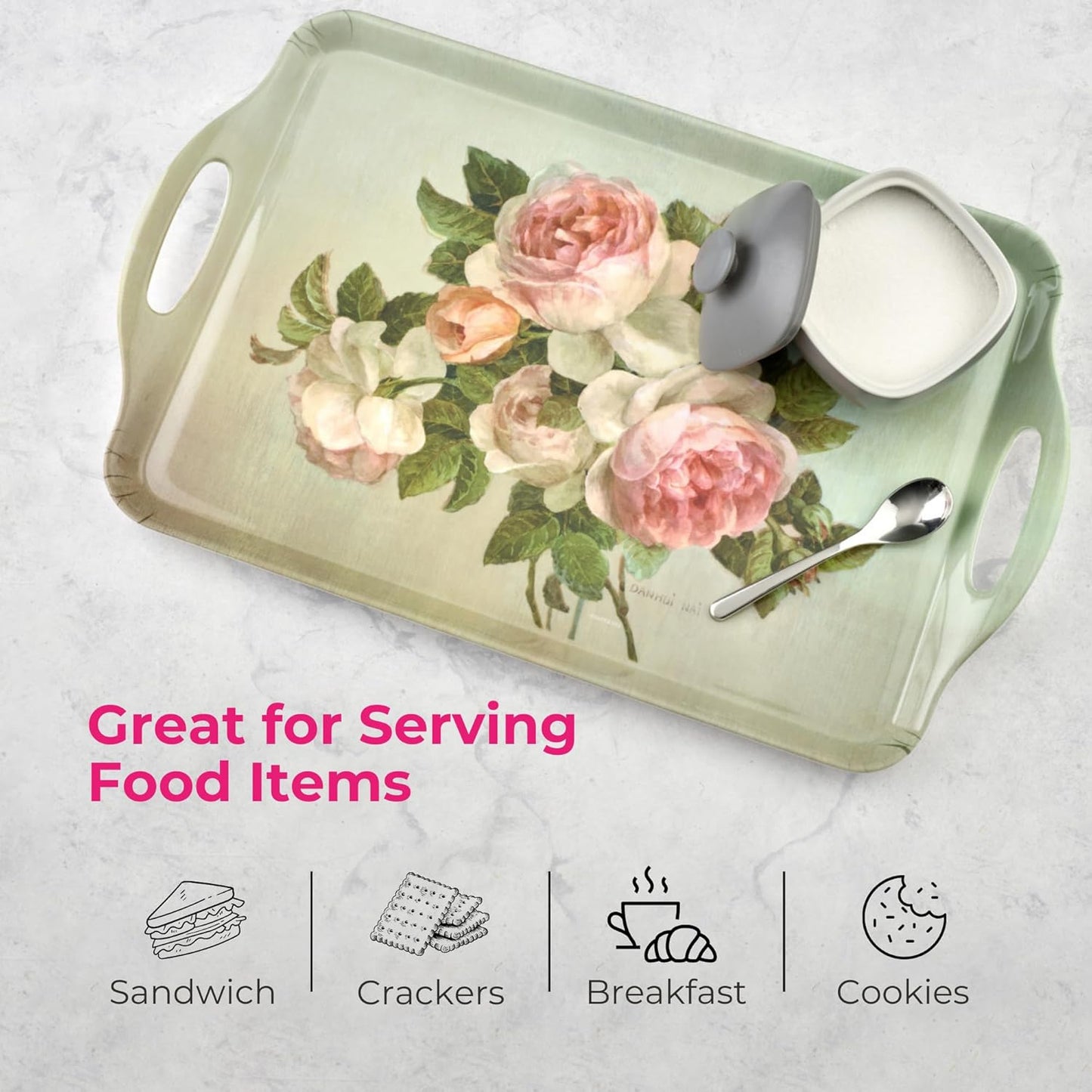 Pimpernel Antique Roses Large Handled Tray - Durable Melamine Serveware with Handles - Dishwasher-Safe Floral Decorative Centerpiece - 18.9" x 11.6" Elegant Tray for Entertaining Guests