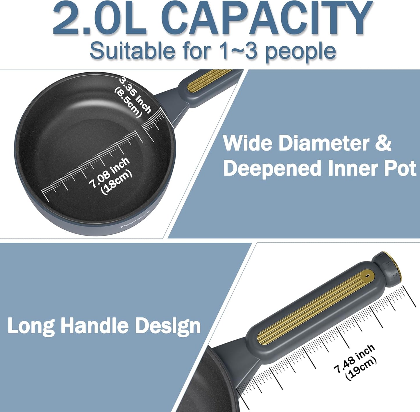 TOPWIT Hot Pot Electric, 2L Electric Pot, Non-Stick Sauté Pan, Portable Cooker for Steak, Egg, Fried Rice, Ramen, Soup with Dual Power Control (Silicone Spatula Included), Grey