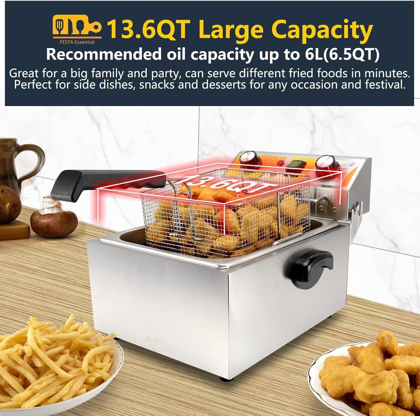 13.6QT Electric Deep Fryer with 6L(6.5QT)Frying Basket&Lid,1750W Stainless Steel Commercial Countertop Single Tank Oil Fryers with Temperature Control&Timer for Home Kitchen Restaurant
