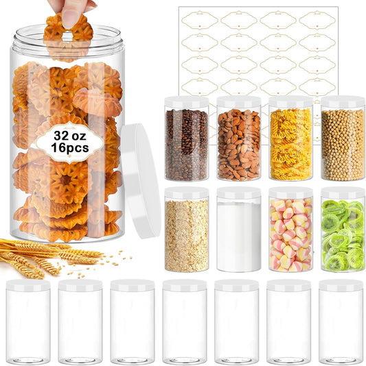 32 OZ Plastic Jars,16 Pcs Clear Plastic Jars with White Lids Round Empty Storage Jar Wide Mouth Refillable Storage Container with Lids for Household and Kitchen Food Organizing