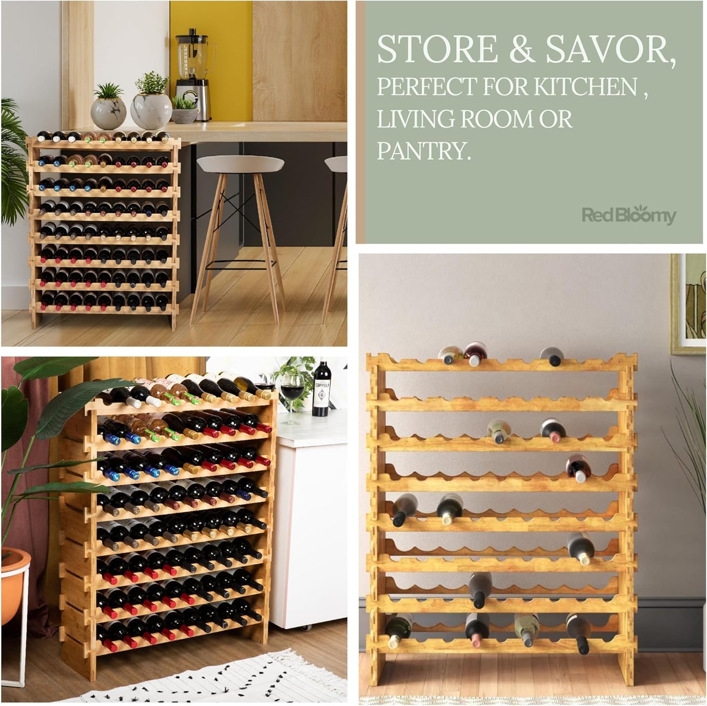 Stackable Bamboo Wine Rack for 72 Bottle, 8-Tier and Sturdy, Free Standing, Modular Wine Storage, Wine Bottle Storage for Cellar, Kitchen and Dining Room (72 Bottle)