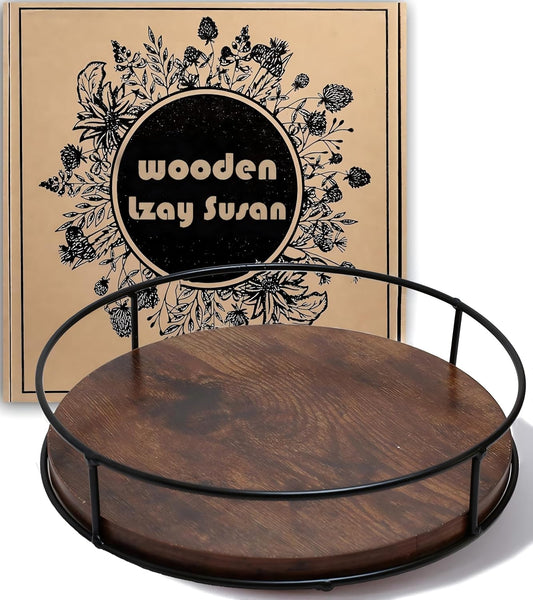 9 Inch Wood Lazy Susan Turntable for Table, Kitchen Rustic Brown Turntable Organizer with Steel Frame, 360 Degree Decorative Turntable for Countertop Cabinet or Centerpieces