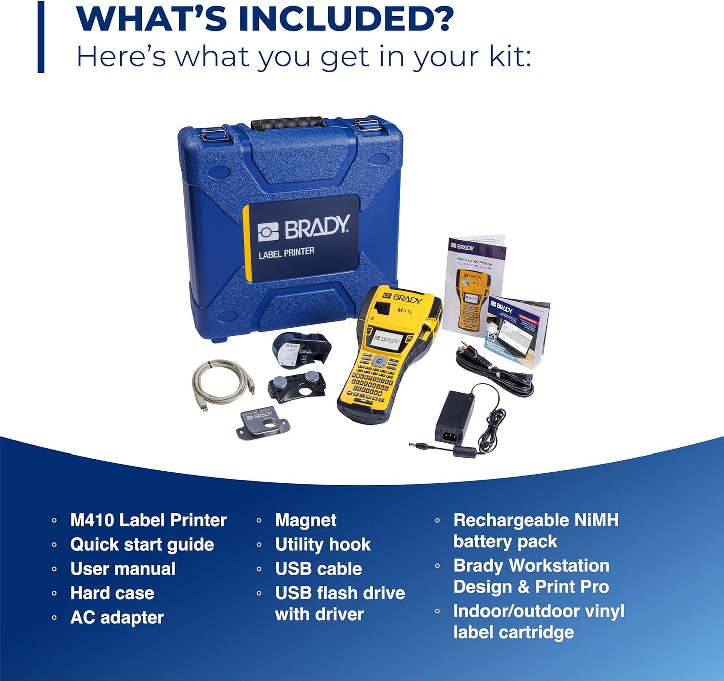 Brady M410 Handheld Portable Label Printer Kit with Product and Wire ID Software, Carrying Case, Rechargeable Battery and Charger, Magnetic and Utility Holders, 11.5" H x 6" W x 3.5" H