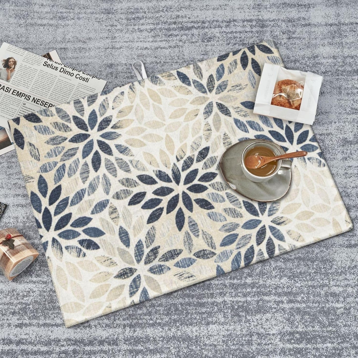 Dahlia Dish Drying Mat 18x24 for Kitchen Counter, Blue Floral Decorative Absorbent Coffee Mat Dish Drying Pad Coffee Bar Dish Drainer Rack Mat Drainer Mat