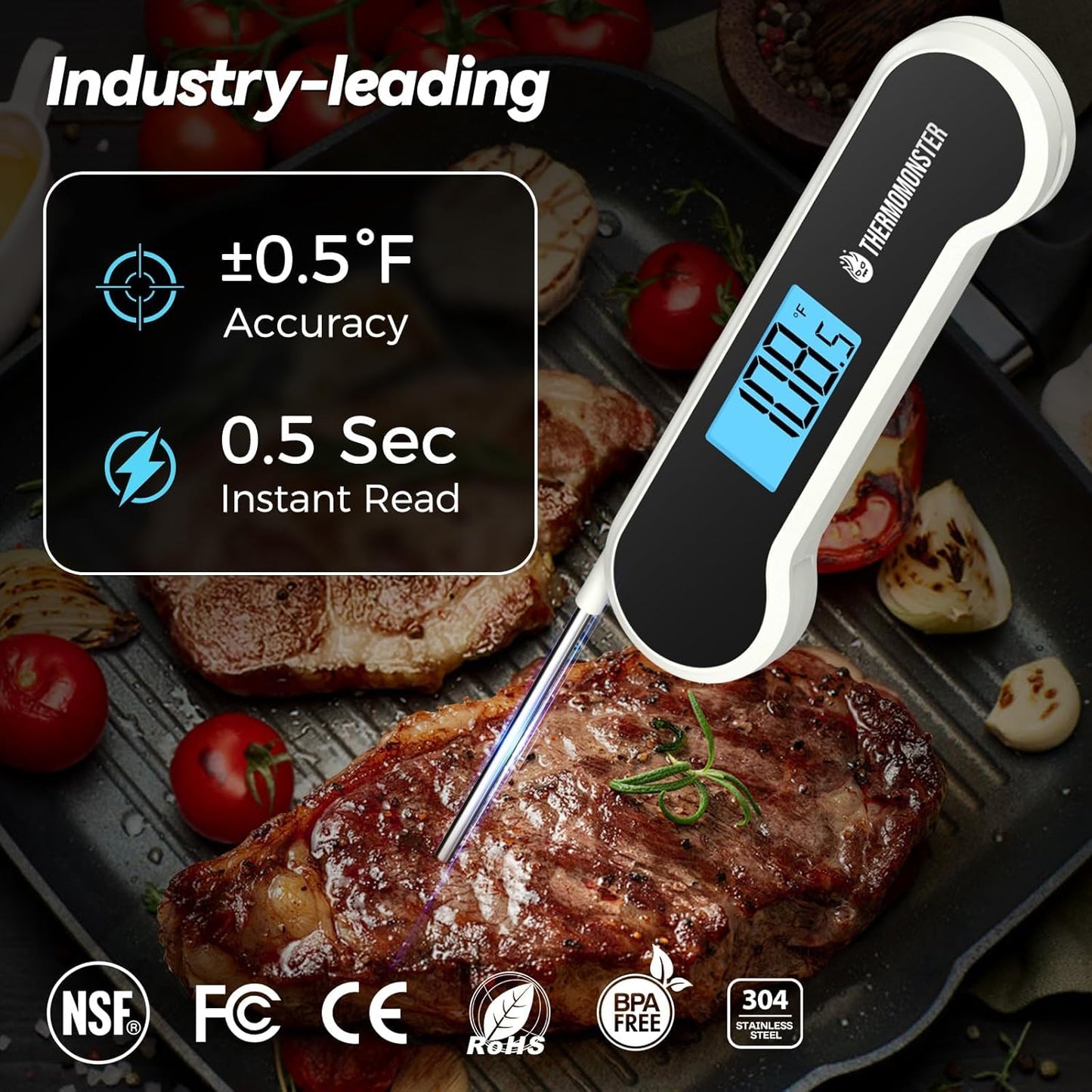 0.5 Sec Instant Read Meat Thermometer Digital with ±0.5℉ Precision, Food Thermometer for Cooking Kitchen Gadgets, Oven Grill Candy BBQ Essentials Accessories, Gifts for Him Dad Men Birthday, White