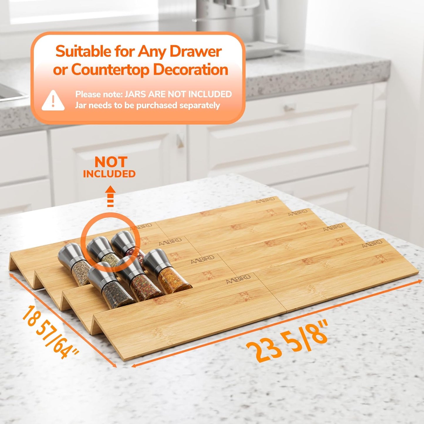 AMBIRD Bamboo Spice Drawer Organizer with Non-slip Mat,4 Tier - 2 Set Jar Spice Rack Tray From 12''to 24'',Hold up 48 Jars Seasoning Organizer for Kitchen,Cabinet,Drawers,Countertop