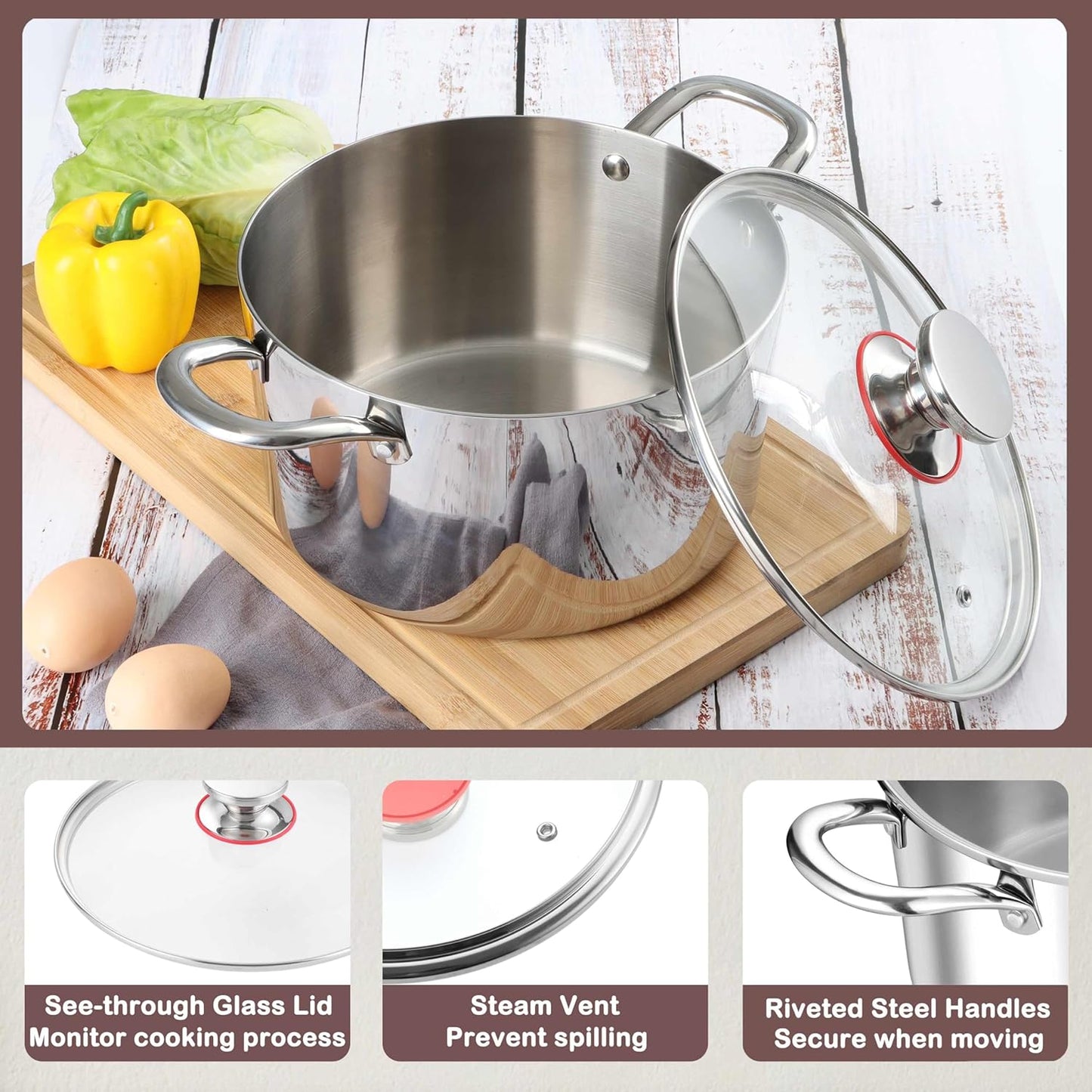 Herogo 7.3 Quart Stock Pot, 18/10 Stainless Steel Cooking Pot with Lid, 7.3 QT Pasta Stockpot with Handles, Tri-Ply Stockpot for Induction Gas Electric Stove, Dishwasher Safe