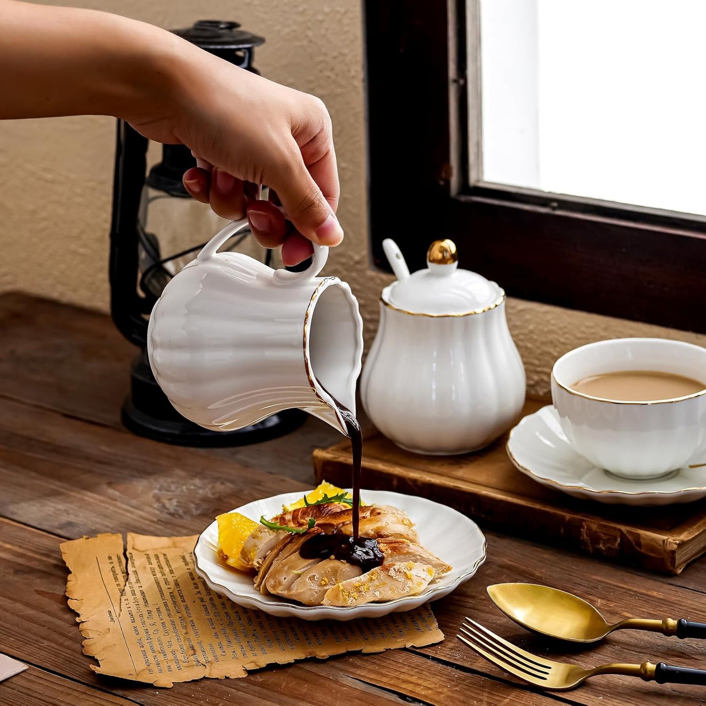 Ceramic Sugar and Creamer Set, 3 Piece with Cream Pitcher, Sugar Bowl with Lid and Spoon,Coffee and Tea Serving Set (White with gold line)