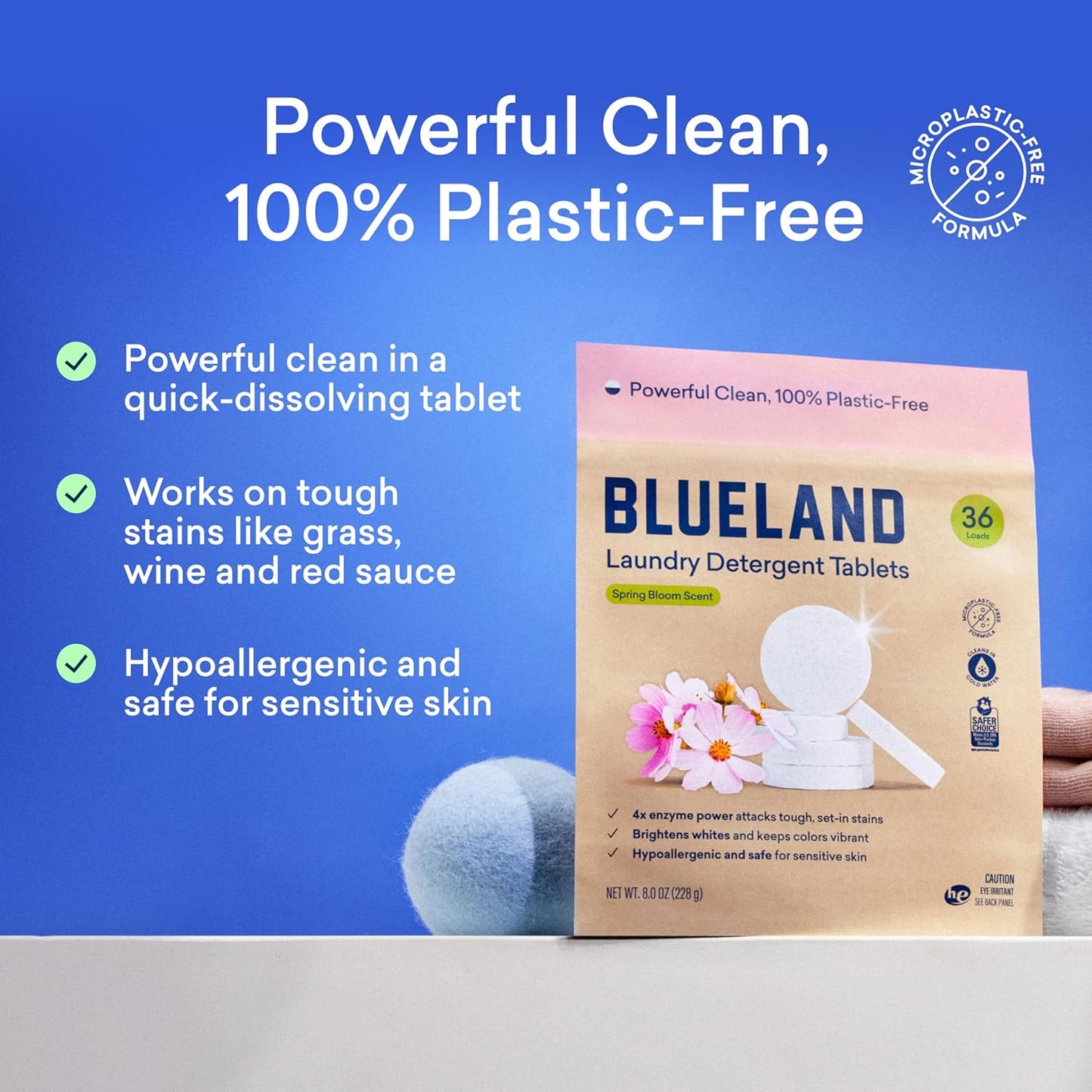 BLUELAND Laundry Detergent Tablets, 60 Count, Spring Bloom Scent, Plastic-Free Eco-Friendly Pods, Sheets, Liquid Alternative - Safe for Sensitive Skin, Gentle