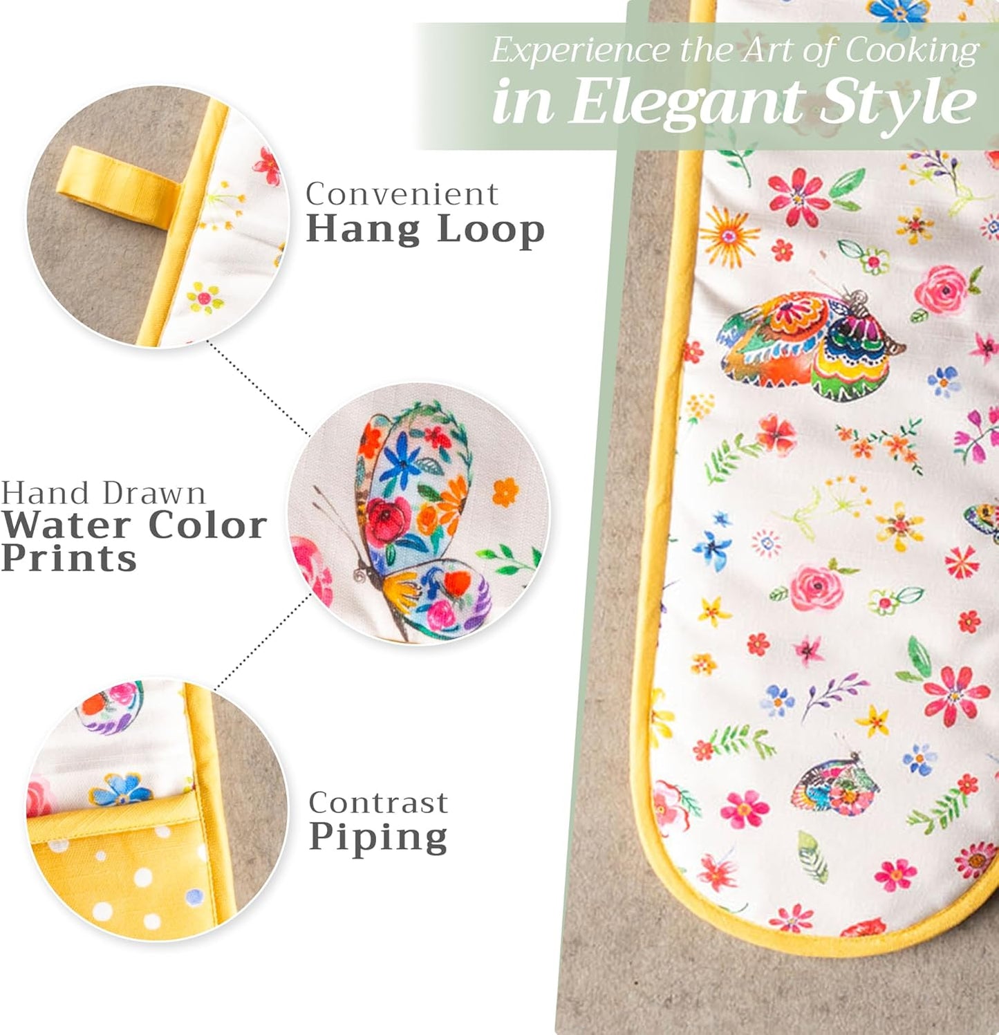 Maison d' Hermine Double Oven Mitts 100% Cotton 7"x35" Double Oven Mitt Heat Resistant BBQ Cooking Gloves with Loop, Baking, Grilling, Kitchen, Handling Hot Pans Spring Summer (Happy Florals - Sweety)