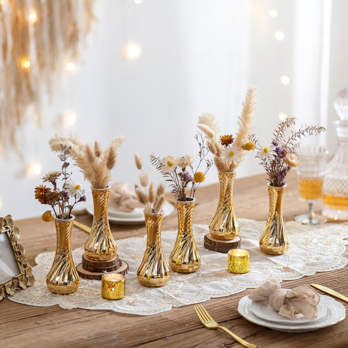 NUPTIO Glass Bud Vase Gold: 6 Pcs Small Flower Vases for Wedding Party Table Centrepiece - Vintage Ribbed Vase for Home Birthday Reception Decorations