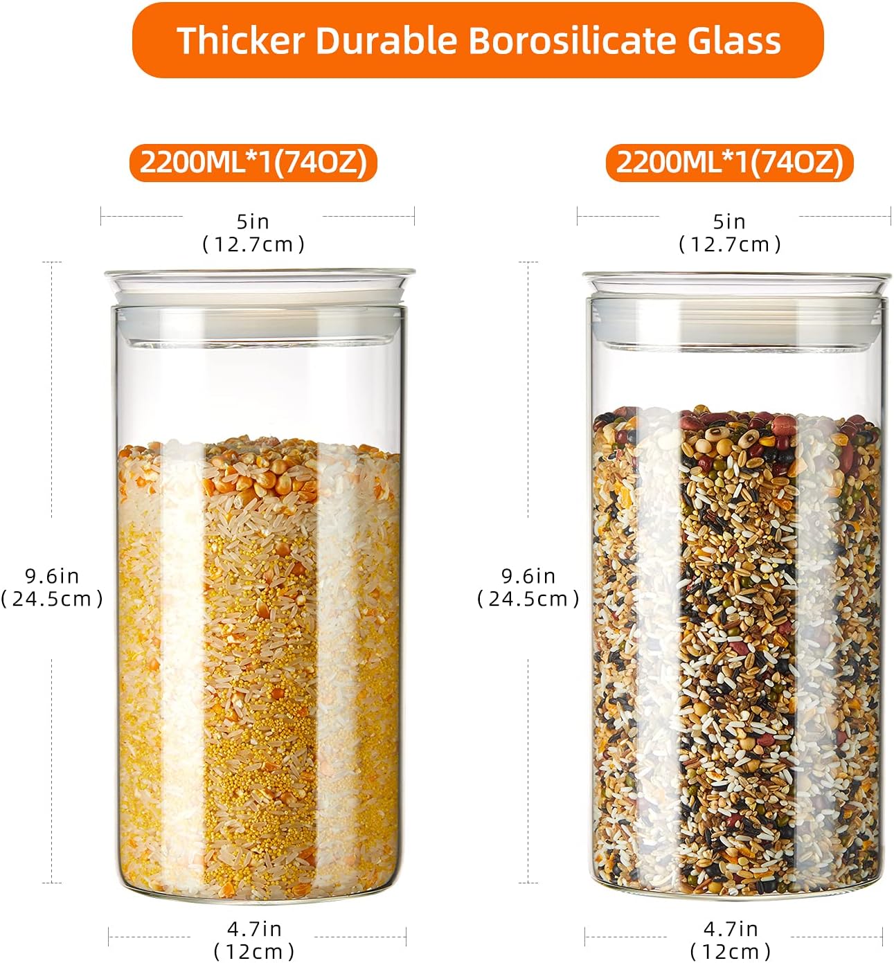 ZENS 74 fl.oz Glass Storage Containers with Airtight Lids, 2 Set 4.7in Wide Mouth Clear Food Storage Jars for Kithen Pantry Baking Flour, Clear Glass Canisters Sets for Pasta, Coffee Beans, Rice