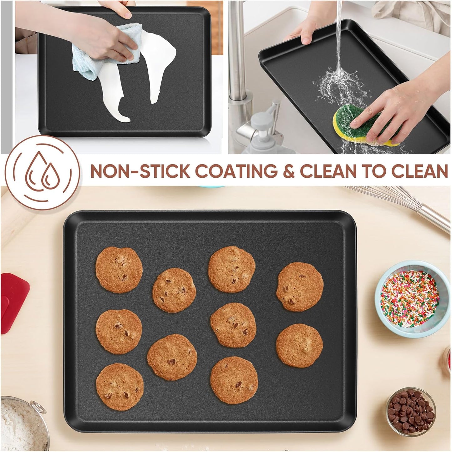 E-far Baking Sheet Set of 2, 16" x 12" x 1" Large Cookie Sheet Pan for Baking, Nonstick Carbon Steel Baking Trays for Oven, Heat-Resistant & Easy Clean, Black
