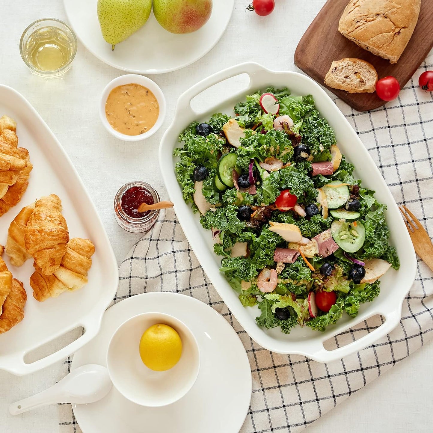 DOWAN Serving Tray with Handles, 15.4" Large Platters for Wedding Decor, Porcelain Serving Dish for Entertaining, White Plates for Salad Meat Fruit Dessert, Set of 2