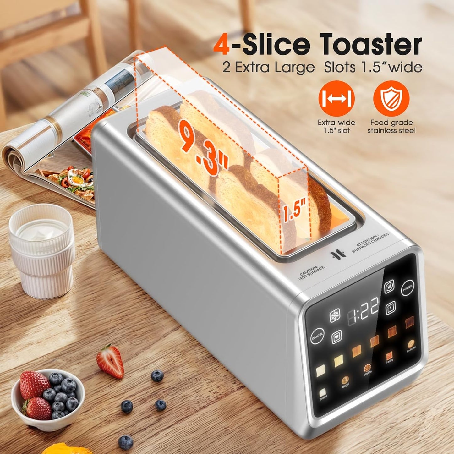 4-Slice Smart Toaster with Touch Screen | 1400W Fast Even Toast & Stainless Steel | 2x1.5" Extra-Wide Slots for Bagels | Memory Function, 6 Shade Settings