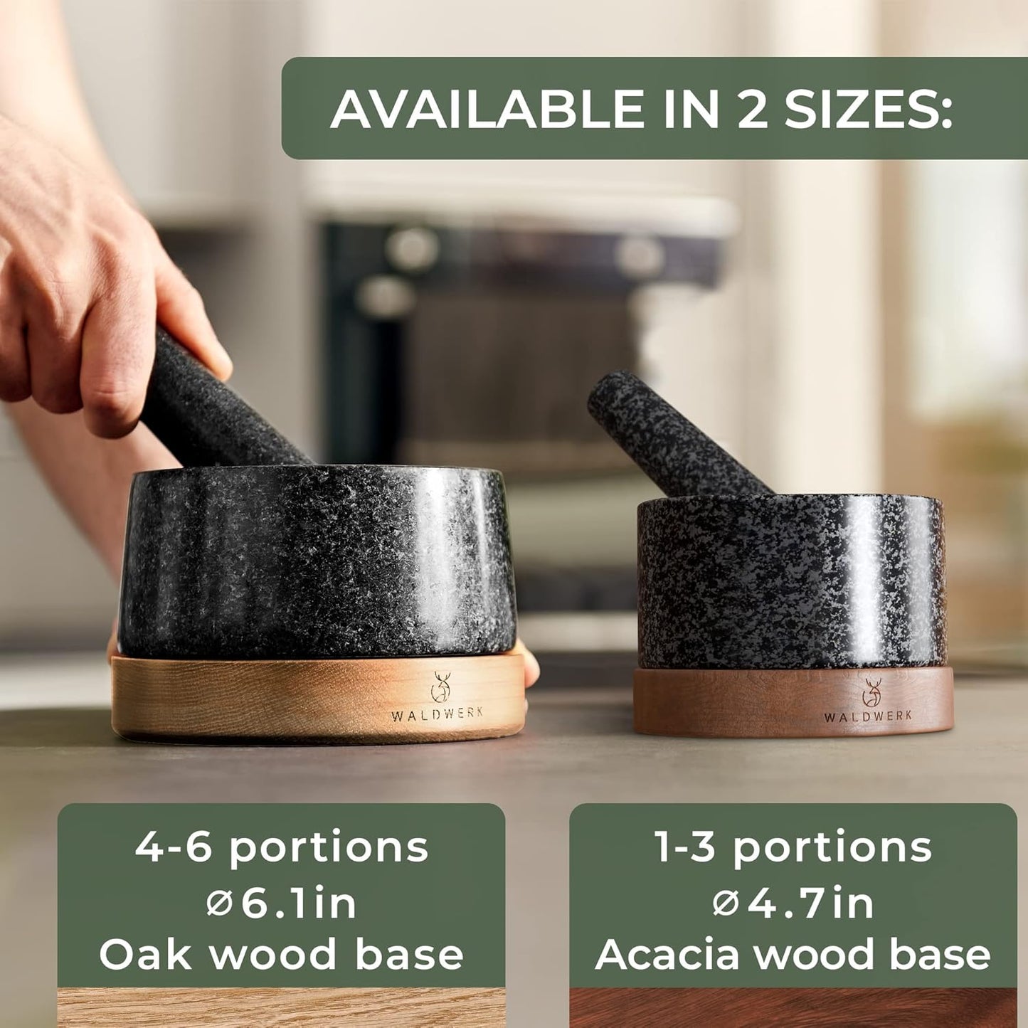 WALDWERK Mortar and Pestle - Mortar and Pestle Set with Anti-Scratch Acacia Wood Base - Mortar with Extra Large Pestle Out of Natural Granite - Large Mortar and Pestle - Perfect for Guacamole