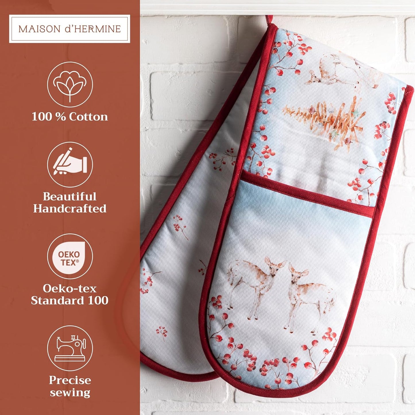 Maison d' Hermine Double Oven Mitt 100% Cotton Heat Resistant Cooking Gloves with Loop, Baking Barbeque, Handling Hot Pan, Fairytale Forest - Thanksgiving/Christmas (7 Inch x 35 Inch)