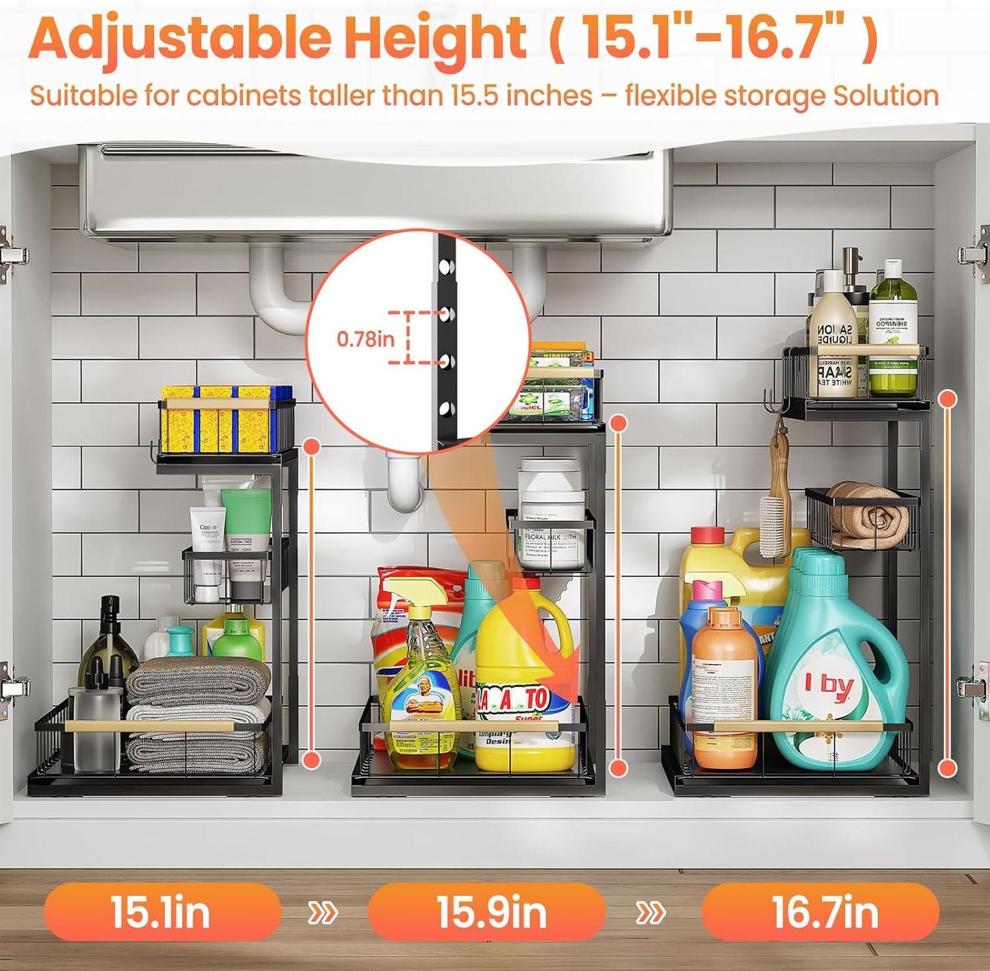 Under Sink Organizer and Storage for Bathroom and Kitchen - 2 Pack Pull Out Under Cabinet Shelf Organizers - 2 3 Tier Sliding Out Drawer Organization for Home Cabinets Shelves and Drawers