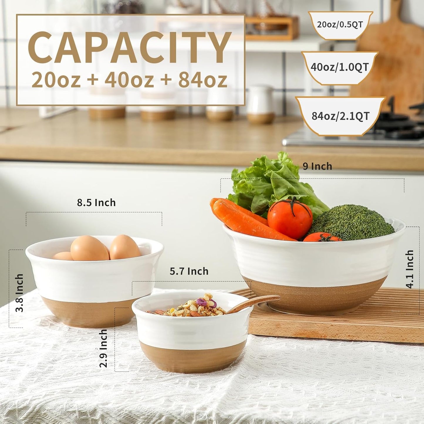 Hasense Ceramic Mixing Bowls, Large Salad Pasta Bowls Set, 2.1/1.0/0.5 Qt Serving Bowls for Entertaining, White Nesting Batter Bowls for Prepping Baking, Dishwasher Microwave Safe, Set of 3