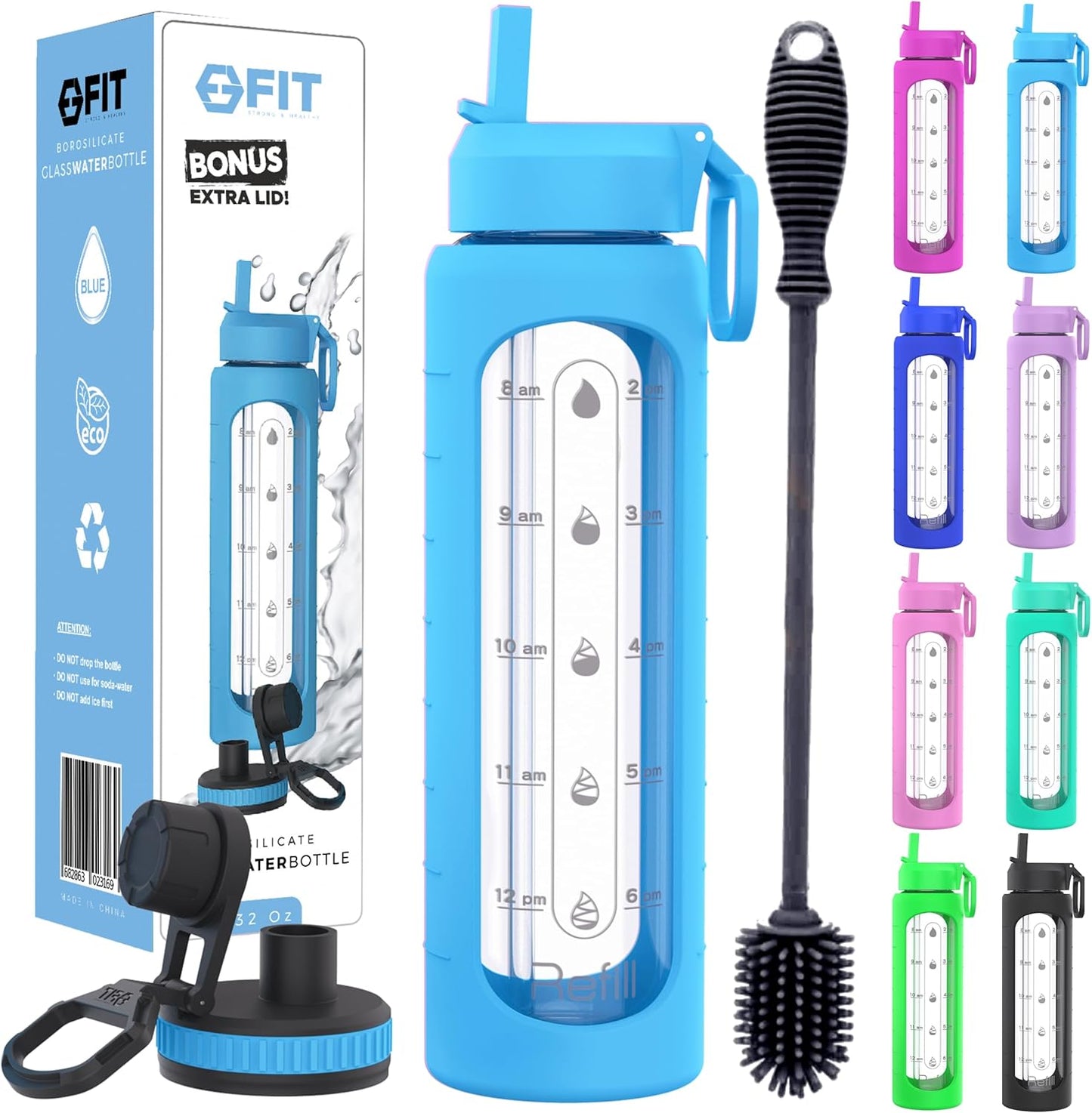 FIT Strong & Healthy 32 oz Glass Water Bottle with Straw Lid, Time Marker, Sleeve & Extra Lid - Motivational, Wide Mouth 1 Liter Glass Drinking Bottle