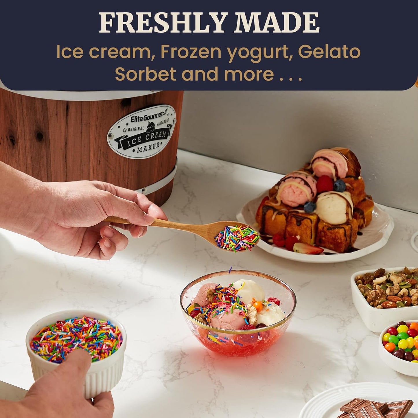 Elite Gourmet EIM418 Old Fashioned 4 Quart Vintage Walnut Wood Bucket, Electric Ice Cream Maker Machine, Uses Ice and Rock Salt Churns Ice Cream in Minutes