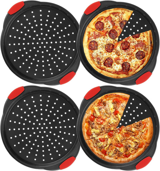 4 Pack Pizza Pan for Oven Round Pizza Pan with Holes & Handle Large Pizza Tray Set Metal Non Stick Pizza Plates Perforated Pizza Baking Sheet Carbon Steel Personal Platter for Grilling Cooking