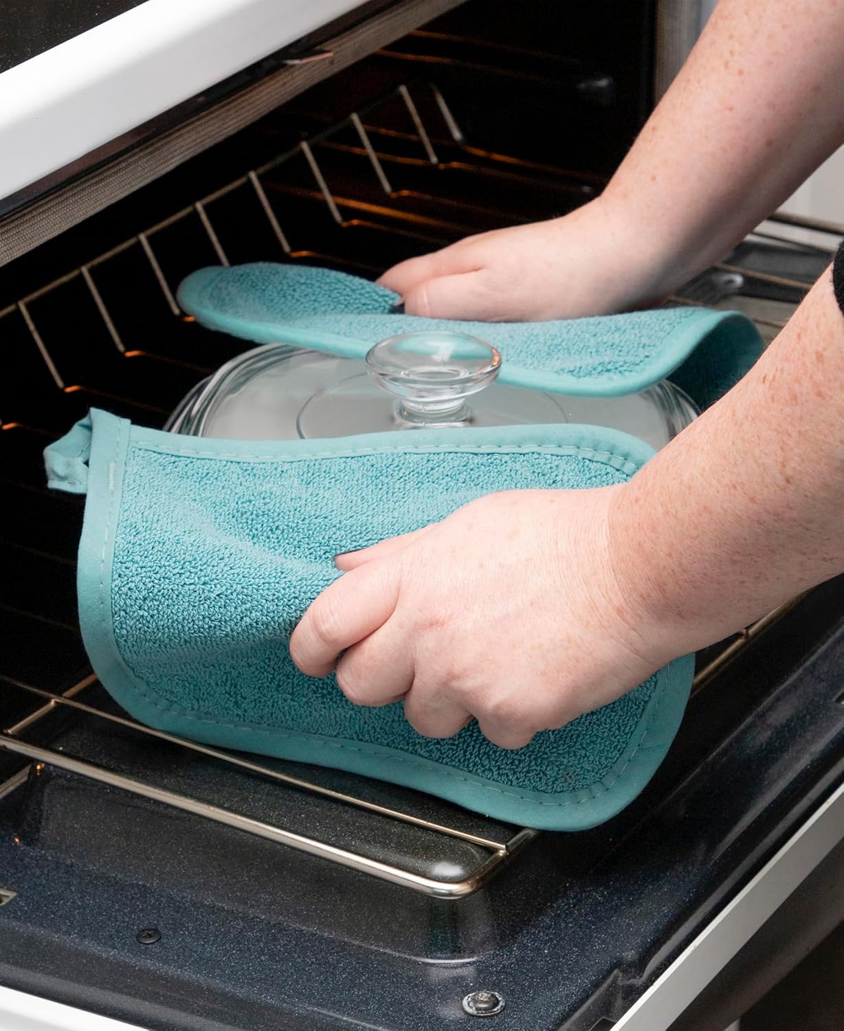 RITZ Terry Potholder & Hot Pad: Unparalleled Heat Resistant, Durable 100% Cotton – Ergonomically Designed for Optimal Grip – Easy-Care Machine Washable – 4-Pack, Dew/Federal